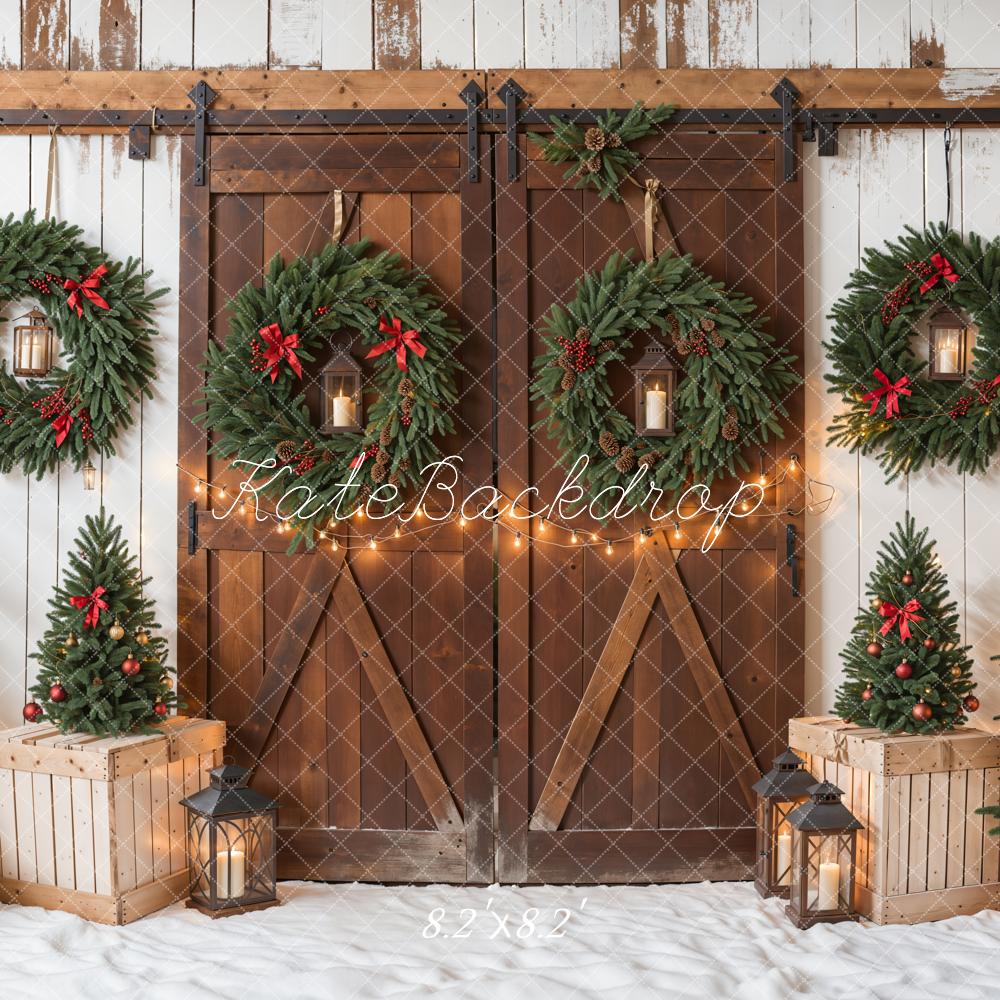 Kate Christmas Tree Brown Wooden Barn Door White Wall Backdrop Designed by Emetselch