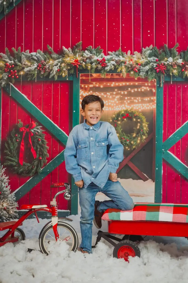 Kate Christmas Elk Red and Green Barn Backdrop Designed by Emetselch