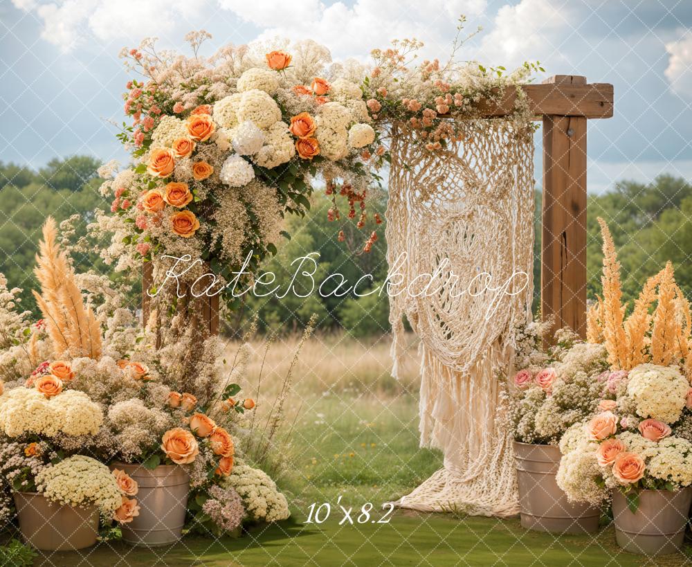 Kate Boho Floral Macrame Wedding Outdoor Backdrop Designed by Emetselch