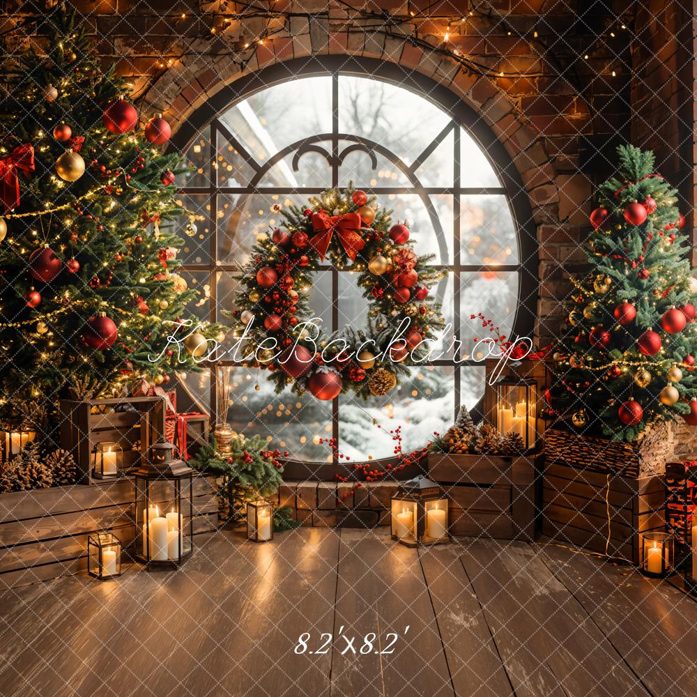 Kate Winter Christmas Indoor Circular Window Brick Wall Backdrop Designed by Emetselch