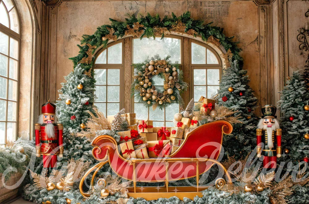 Kate Christmas Indoor Nutcracker Red Sleigh Arched Window Backdrop Designed by Mini MakeBelieve