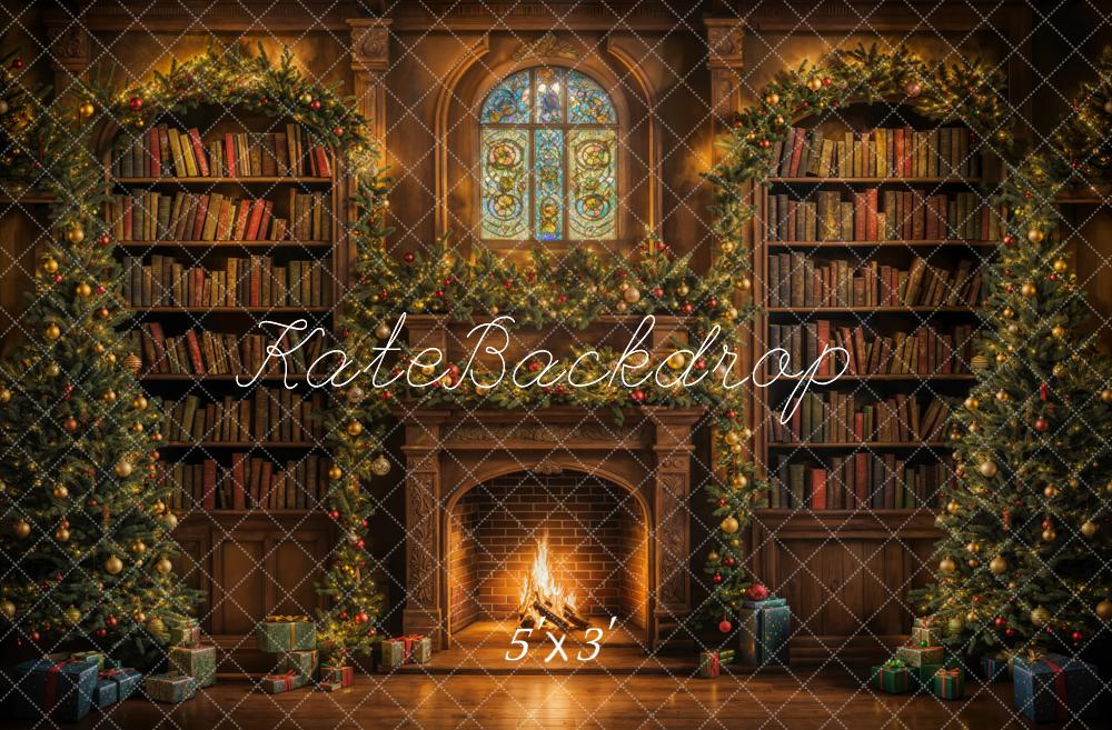 Kate Christmas Indoor Arched Bookshelf Retro Brick Fireplace Backdrop Designed by Emetselch