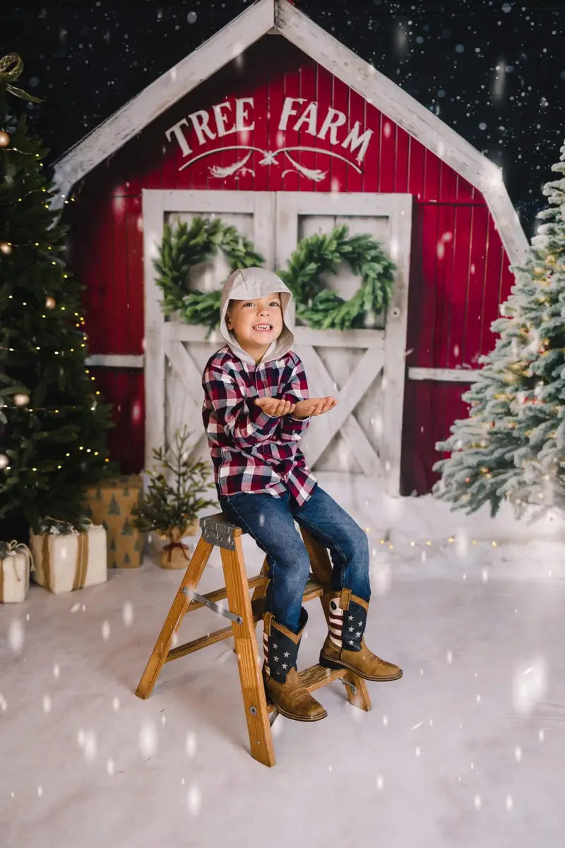 Kate Winter Christmas Tree Farm Red Barn Backdrop Designed by Chain Photography