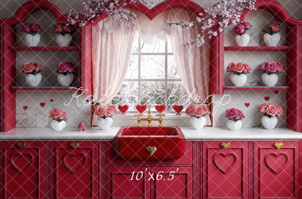 Valentine's Red Heart Kitchen Roses Foto Achtergrond Designed by Mini MakeBelieve