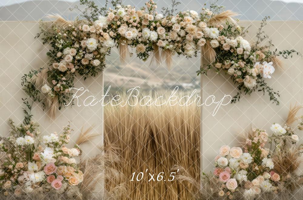 Kate Boho Flower Arch Wheat Field Backdrop Designed by Mini MakeBelieve