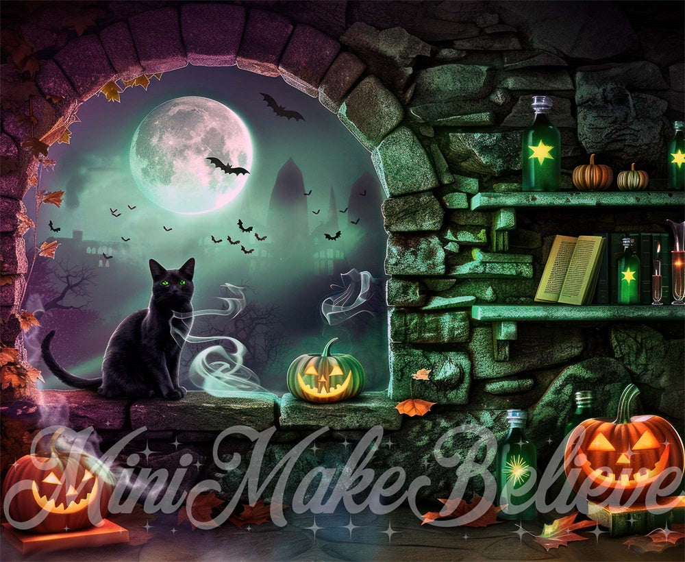 TEST Kate Halloween Dark Stone Arched Window Witch Room Backdrop Designed by Mini MakeBelieve
