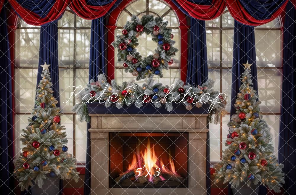 Kate Christmas Tree Navy Red Curtains Fireplace Backdrop Designed by Mini MakeBelieve