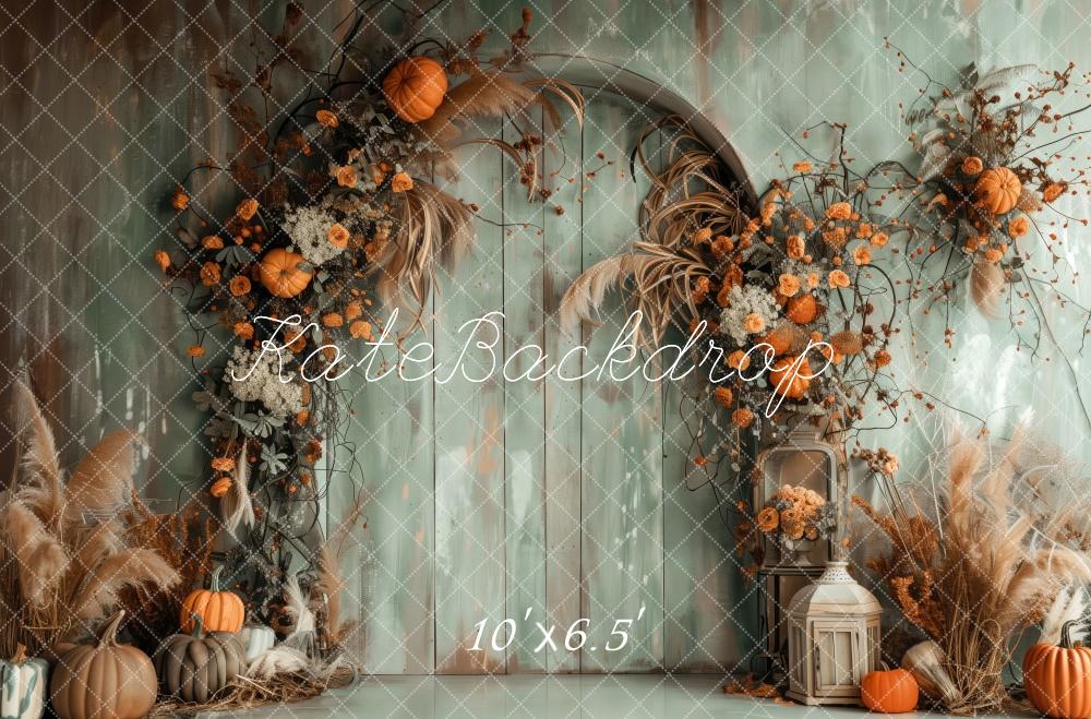 Arco de Pared Boho Verde de Otoño con Fondo de Calabazas Designed by Patty Robert