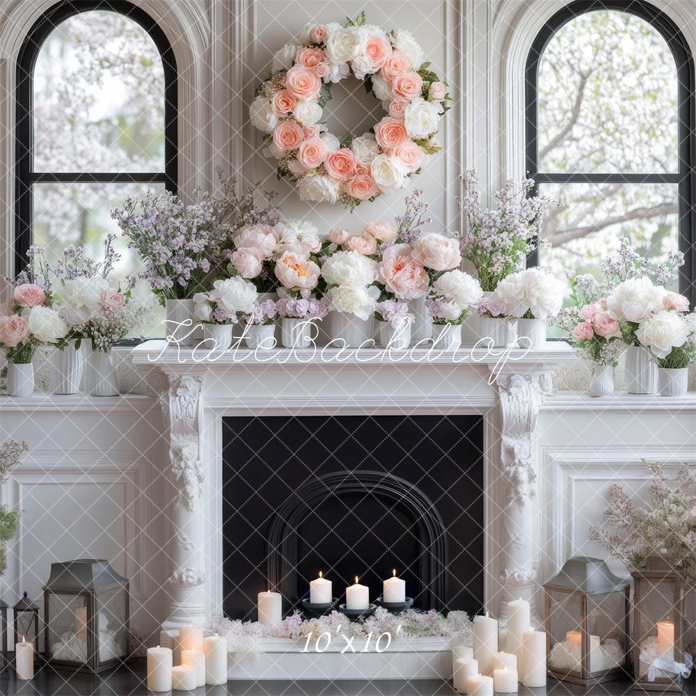 Kate Spring White Floral Fireplace Backdrop Designed by Mini MakeBelieve