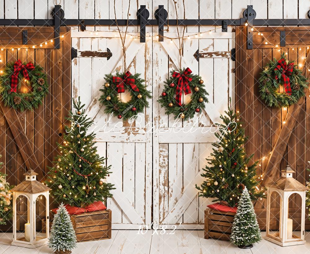 Kate Christmas Tree White Wooden Barn Door Brown Wall Backdrop Designed by Emetselch