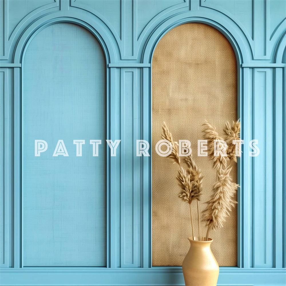 Kate Boho Blue and Brown Retro Arch Wall Backdrop Designed by Patty Robert