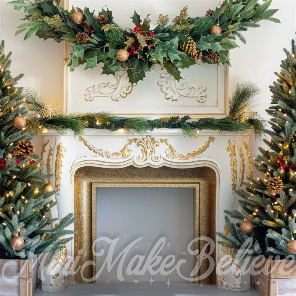 Kerstboom Gouden Vintage Bloemige Witte Haard Foto Achtergrond Designed by Mini MakeBelieve