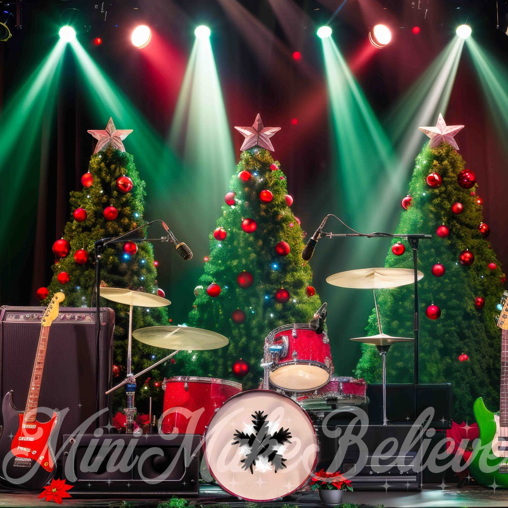 Retro Kerstboom Rock Muziek Podium Foto Achtergrond Designed by Mini MakeBelieve