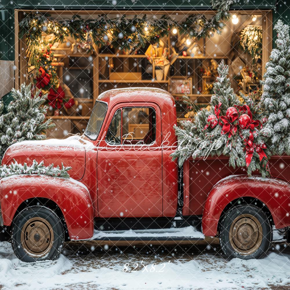 Kate Christmas Storefront Red Truck Snowy Backdrop Designed by Emetselch