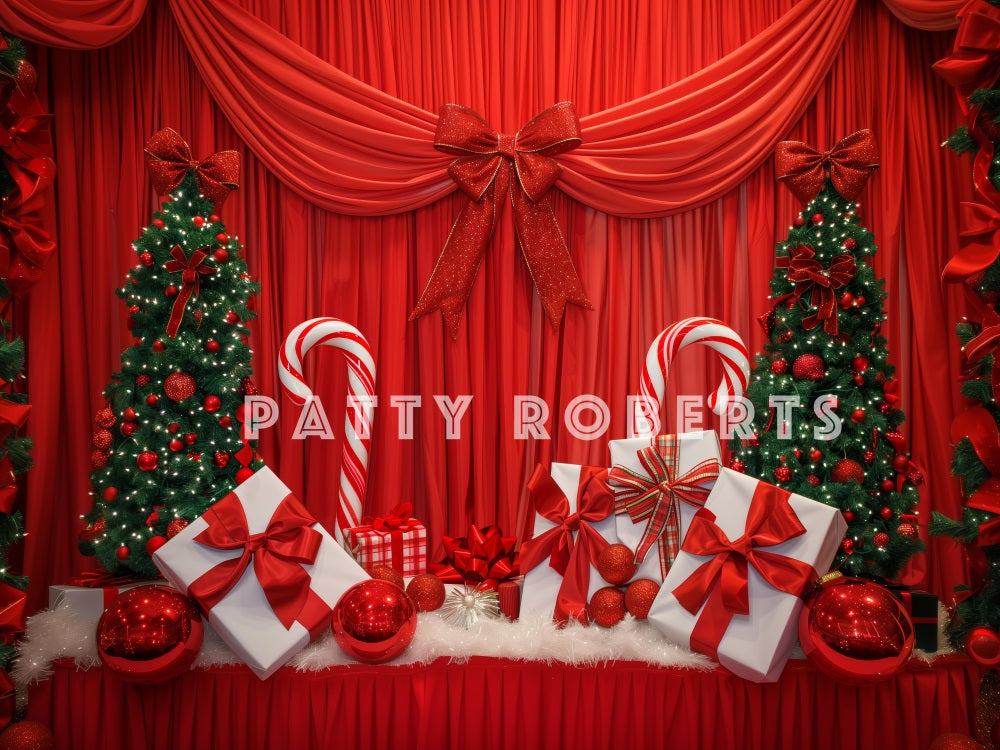 Kate Christmas Tree Red Curtain With Gifts Backdrop Designed by Patty Robert