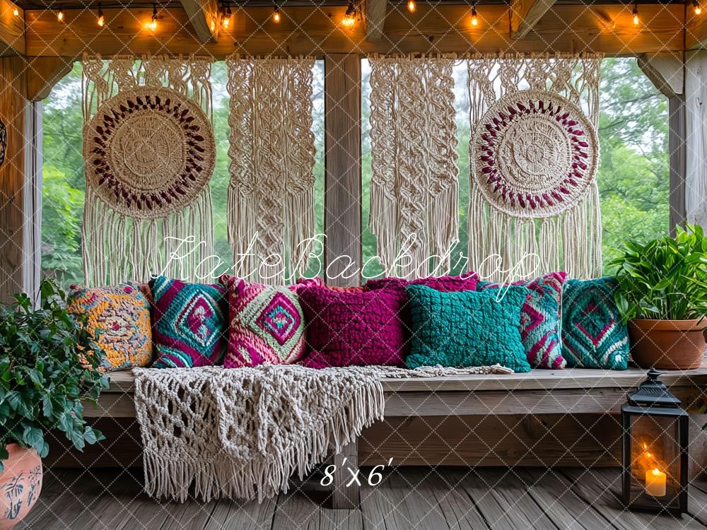 Boho Macrame Patio Bench Pillows Foto Achtergrond Designed by Mini MakeBelieve