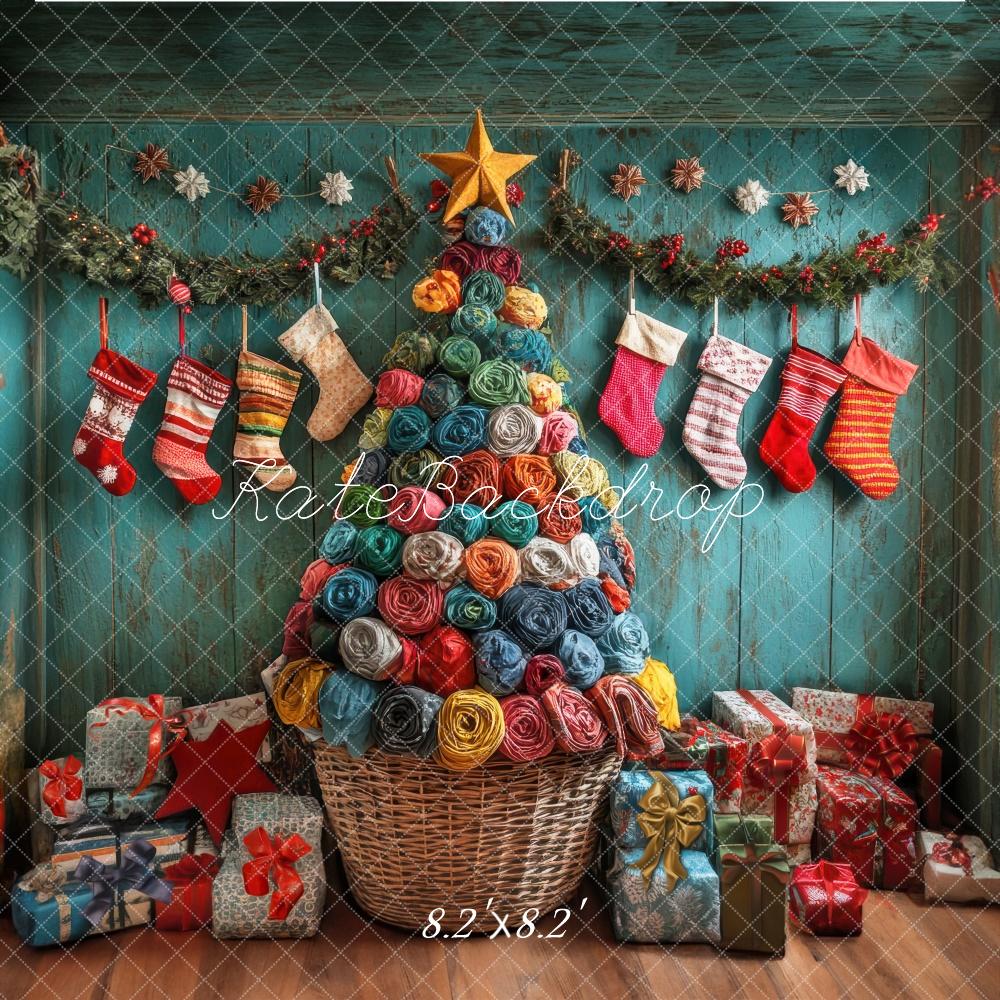 Kate Colorful Christmas Tree And Stockings With Retro Wooden Wall Backdrop Designed by Laura Bybee