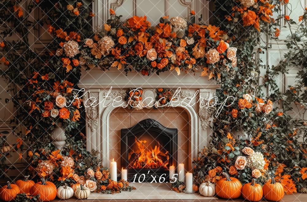 Kate Fall Fireplace Pumpkin Floral Backdrop Designed by Patty Roberts