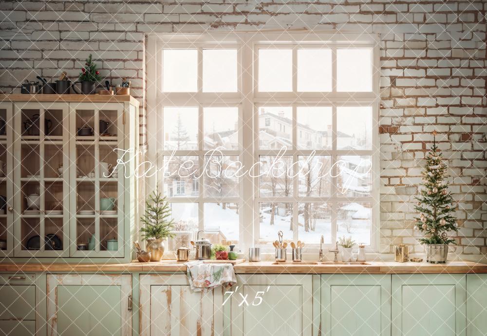 Kate Christmas Kitchen Light Blue Cabinet Window Backdrop Designed by Emetselch