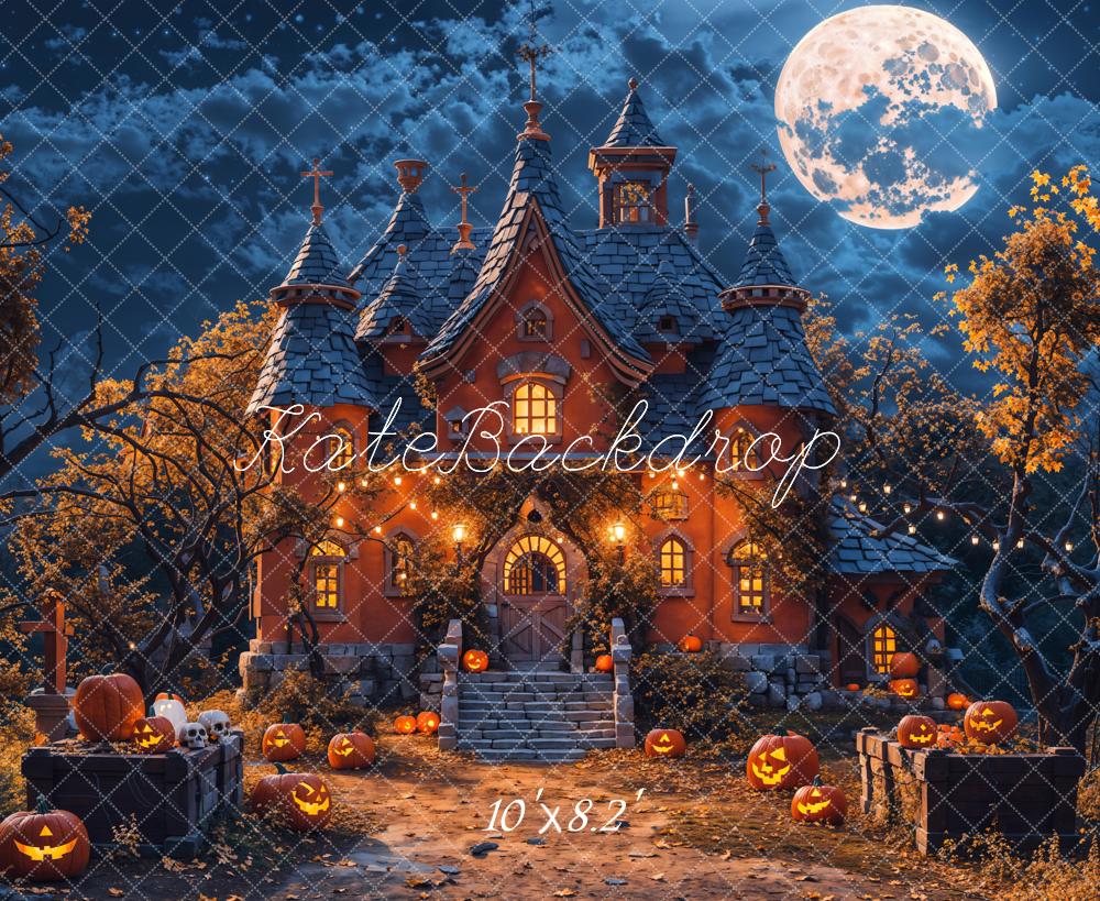 Kate Halloween Night Forest Pumpkin Castle Backdrop Designed by Chain Photography