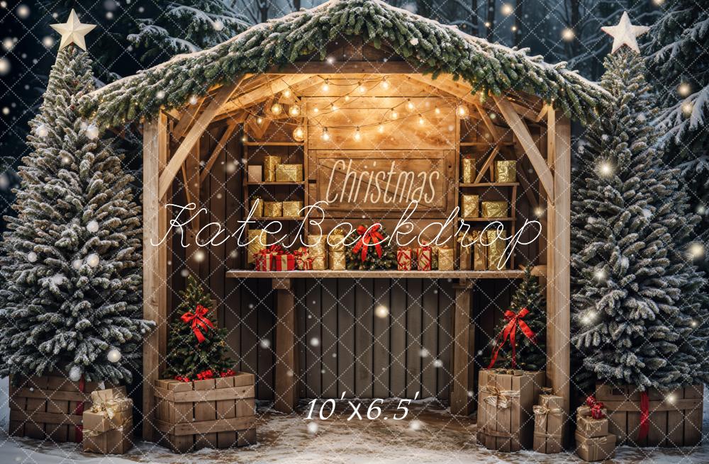 Kate Christmas Outdoor Forest Brown Cabin Backdrop Designed by Emetselch