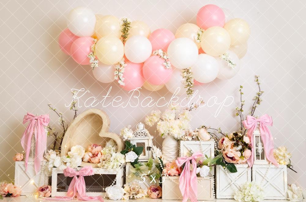 Lightning Deal #5 Kate Floral Balloon Heart Pink Bows Backdrop Designed by Megan Leigh Photography