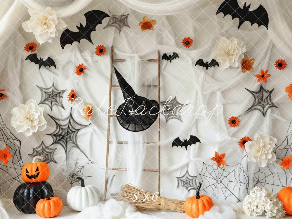 Kate Halloween Spider Webs With Bats Pumpkins Backdrop Designed by Patty Roberts