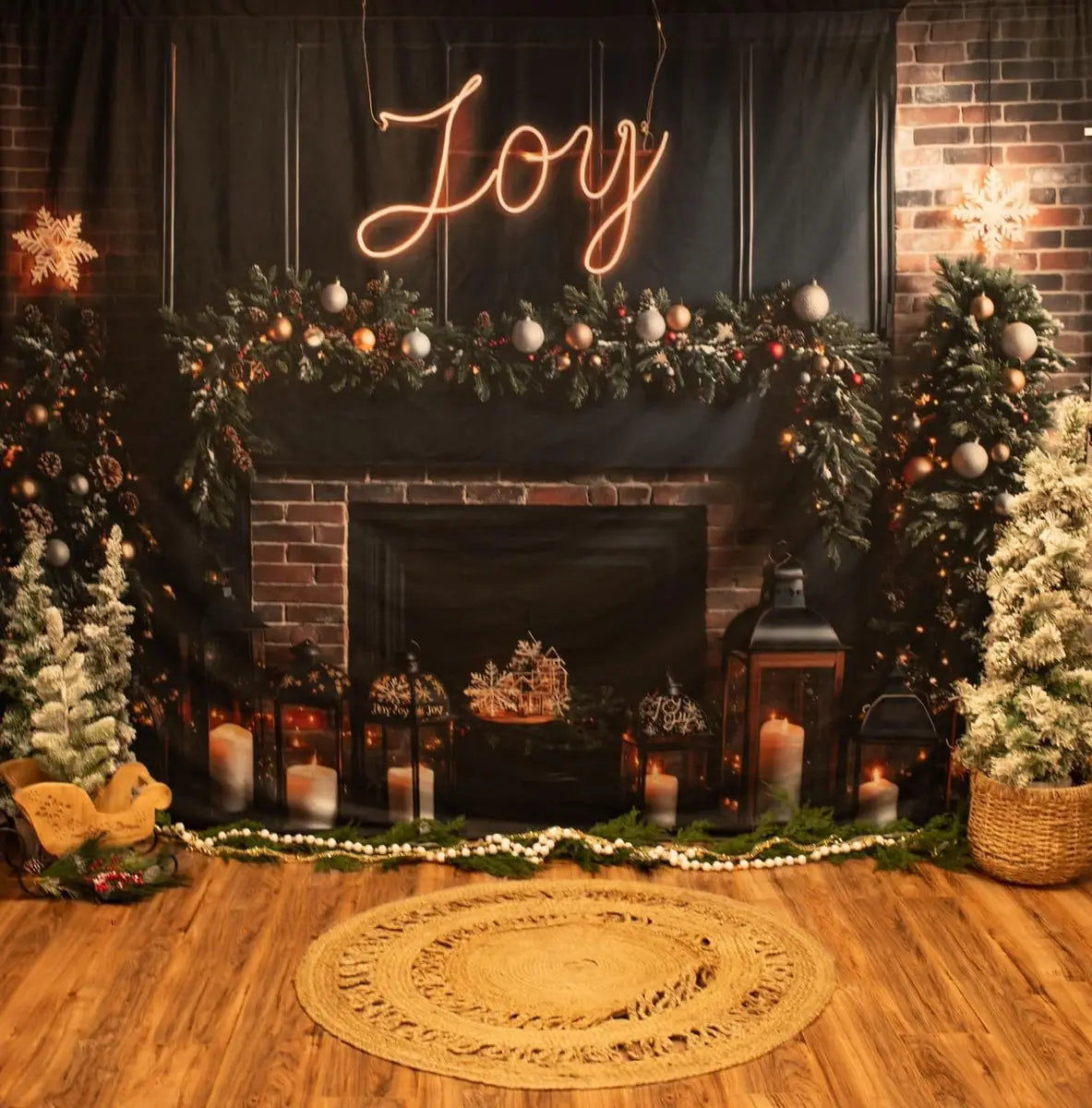 Kate Christmas Joy Sign Brown Brick Fireplace Black Wall Backdrop Designed by Emetselch