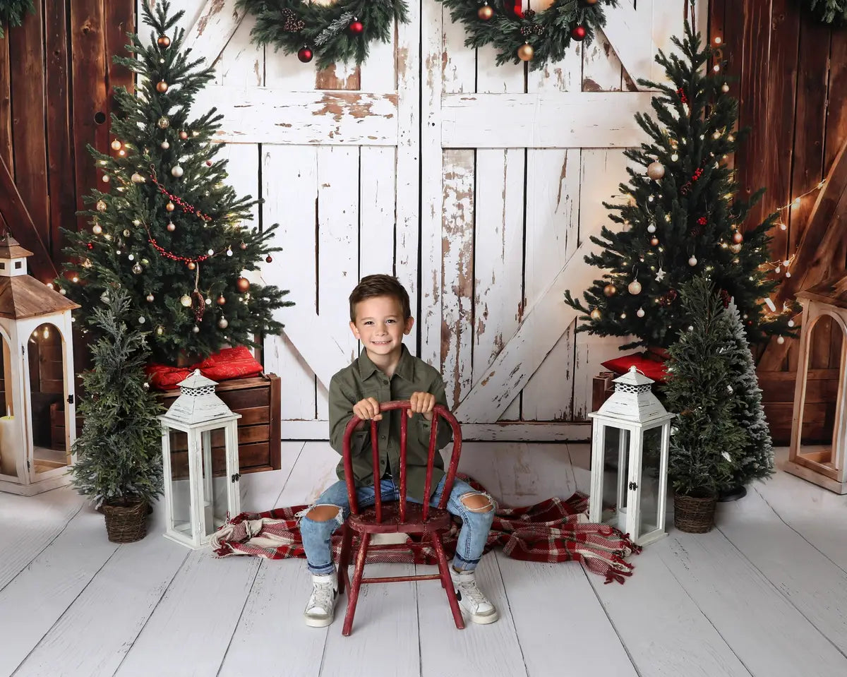 Kate Christmas Tree White Wooden Barn Door Brown Wall Backdrop Designed by Emetselch