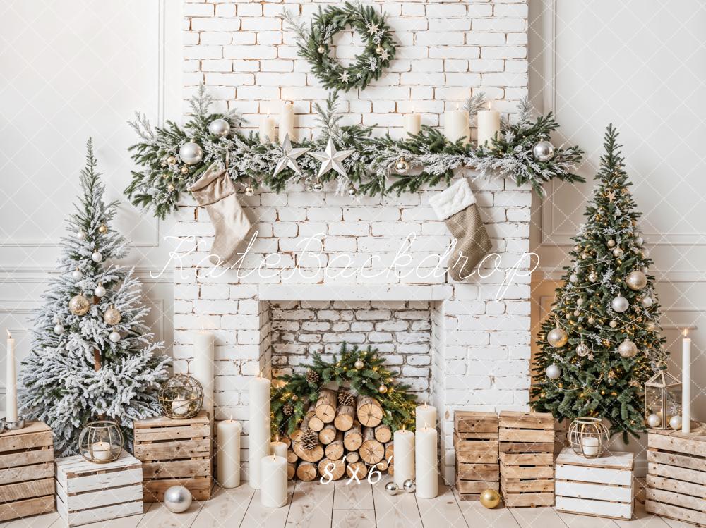 Kate Christmas Tree White Brick Fireplace Retro Wall Backdrop Designed by Emetselch