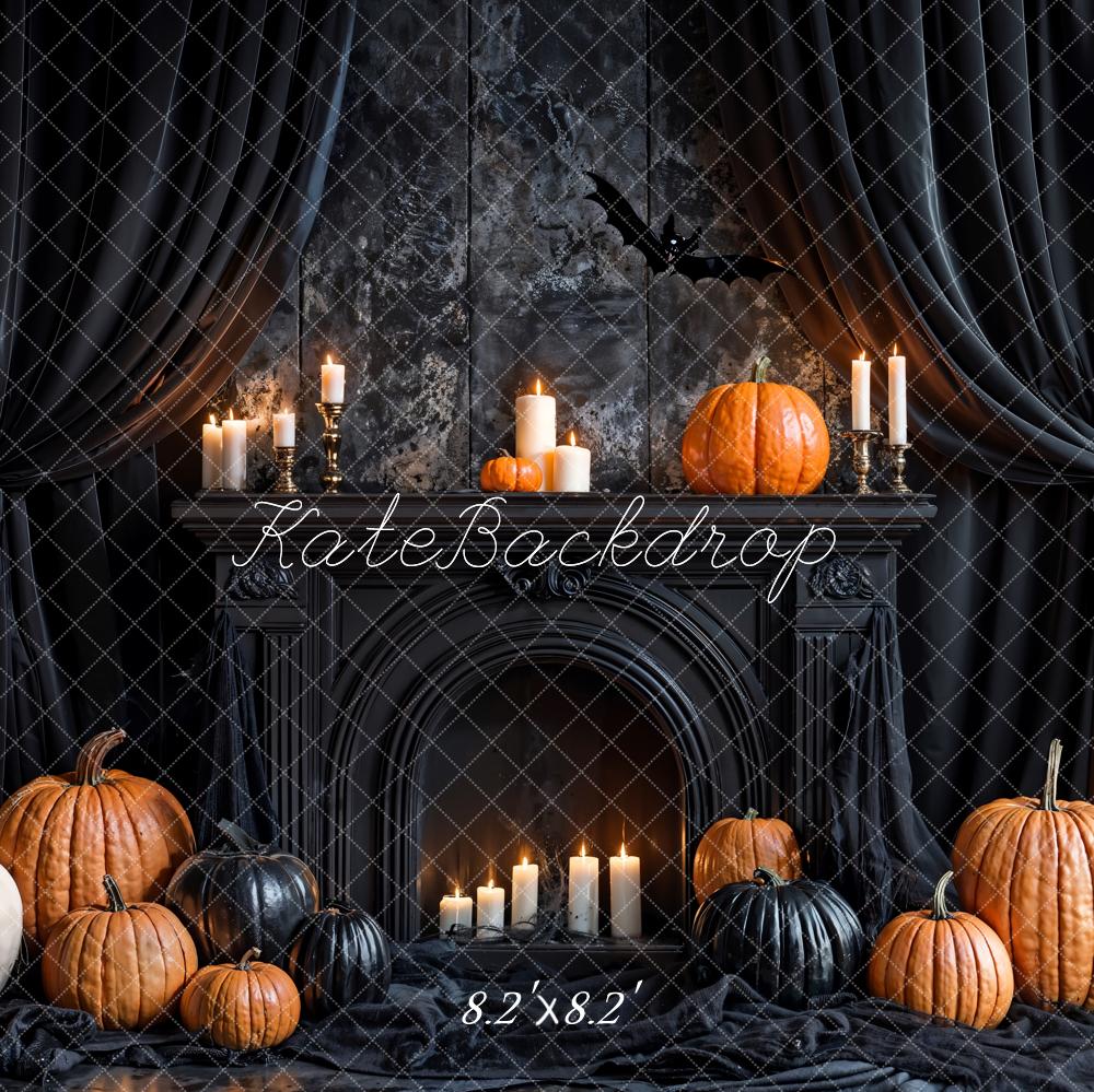 Kate Halloween Black Curtains Retro Fireplace Pumpkin Backdrop Designed by Emetselch