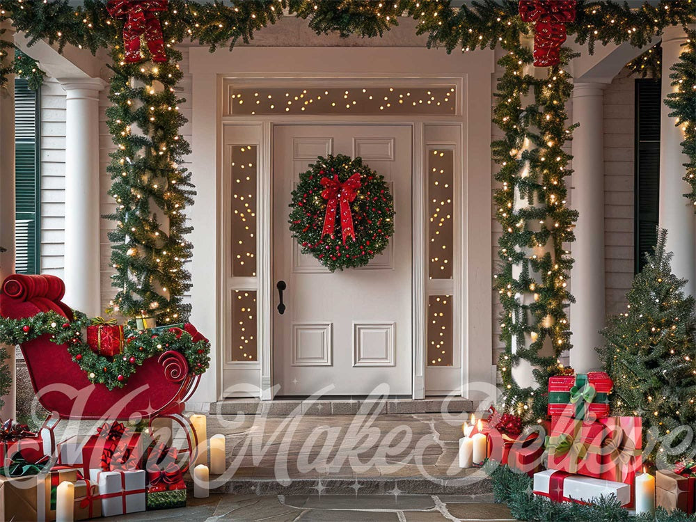 Kate Christmas Sleigh White Retro House Backdrop Designed by Mini MakeBelieve