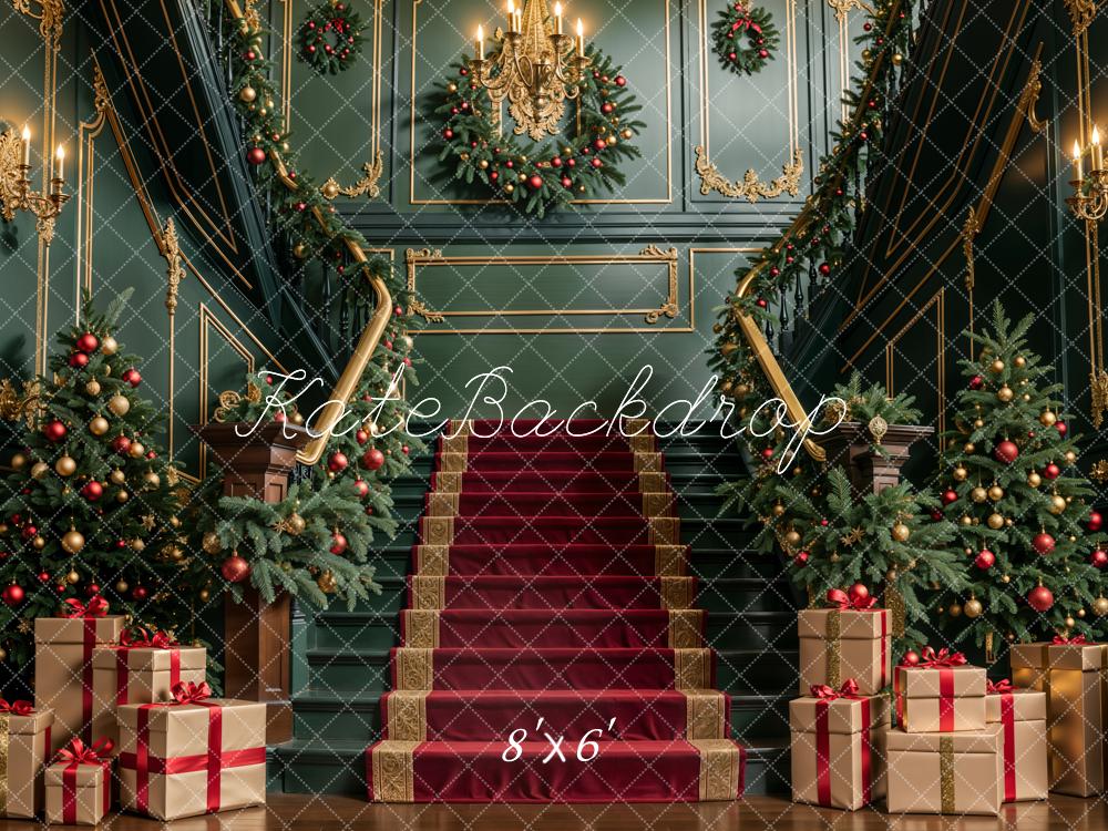 Kate Christmas Indoor Dark Green Retro Staircase Backdrop Designed by Emetselch