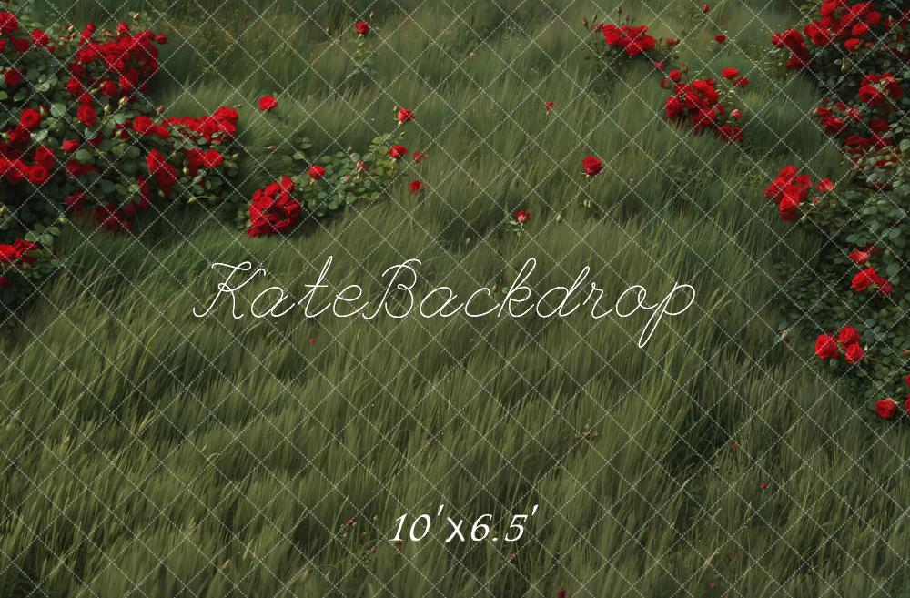 Kate Green Grass Red Roses Floor Backdrop Designed by Emetselch