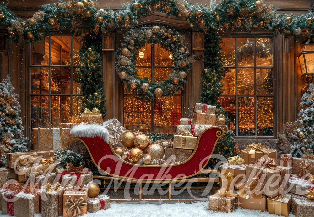 Kate Winter Christmas Sleigh Gift Store Backdrop Designed by Mini MakeBelieve