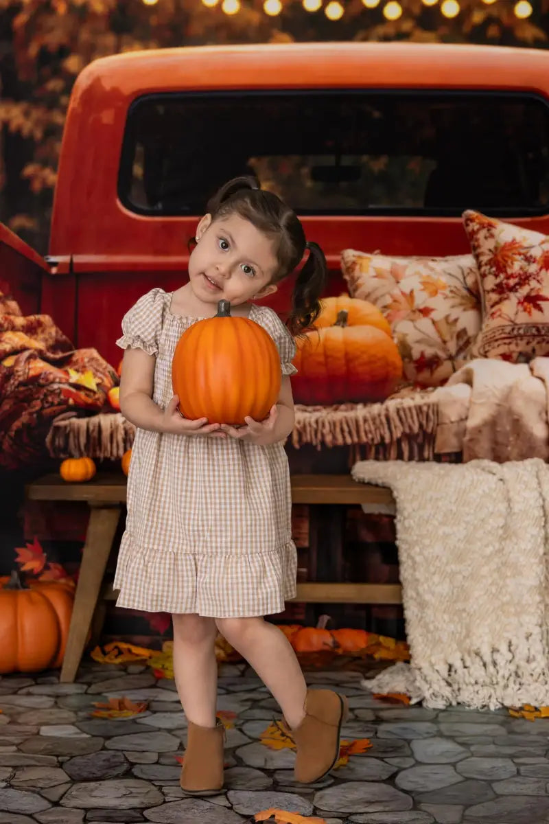 Kate Autumn Forest Maple Leaf Pumpkin Dark Orange Truck Backdrop Designed by Emetselch