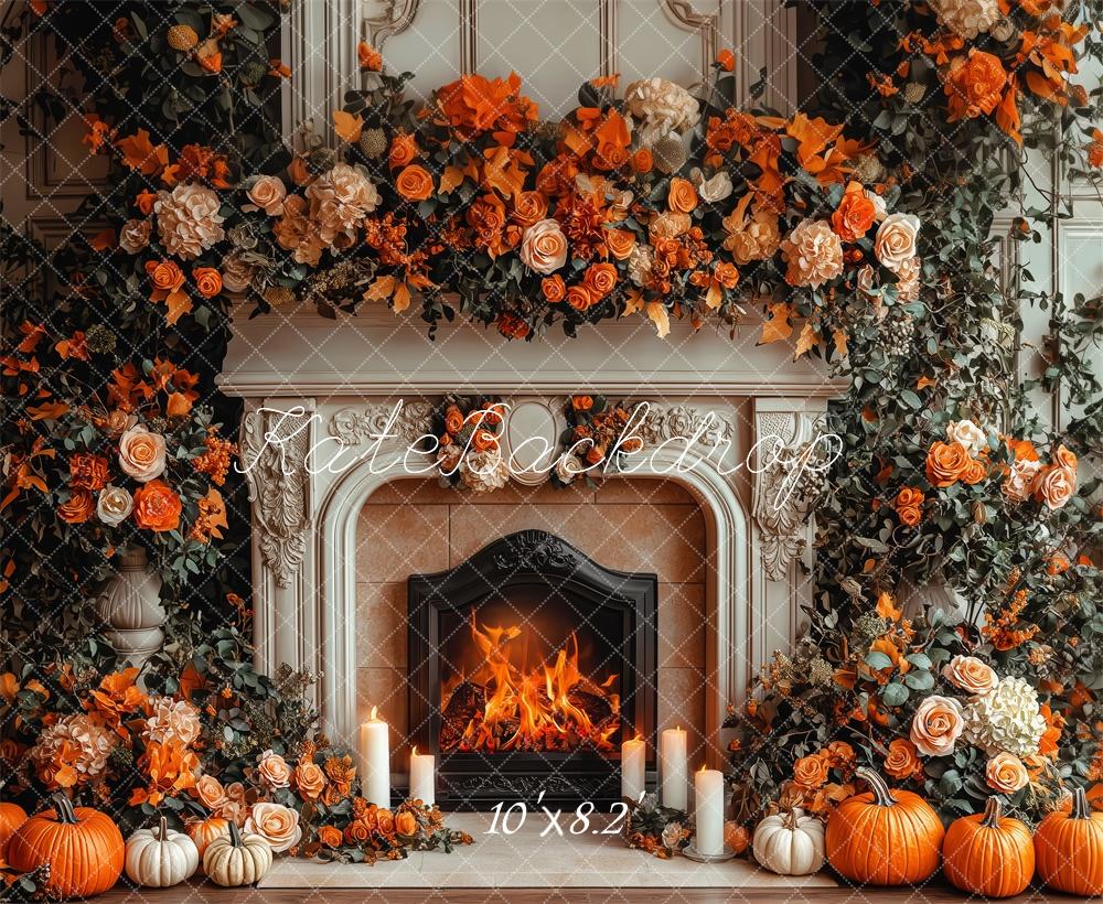 Kate Fall Fireplace Pumpkin Floral Backdrop Designed by Patty Roberts