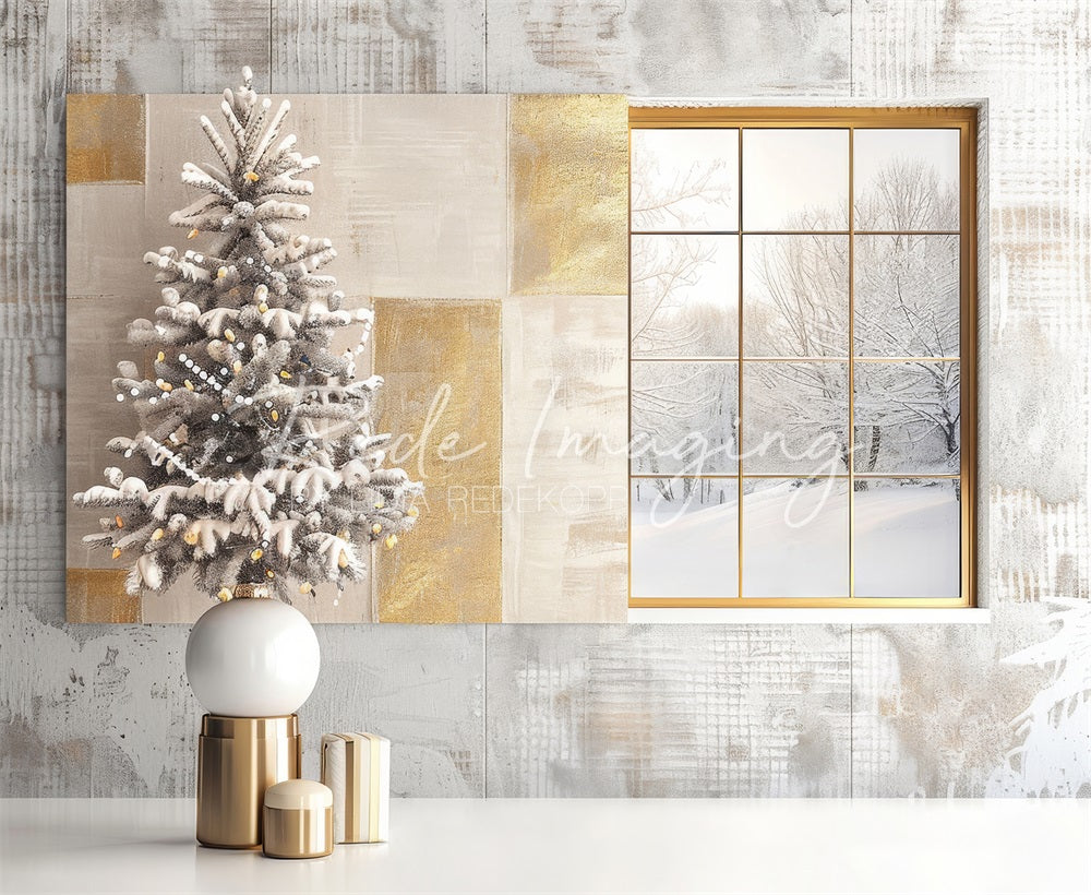 Kate Christmas Tree Modern White Gold Window Plaid Wall Backdrop Designed by Lidia Redekopp