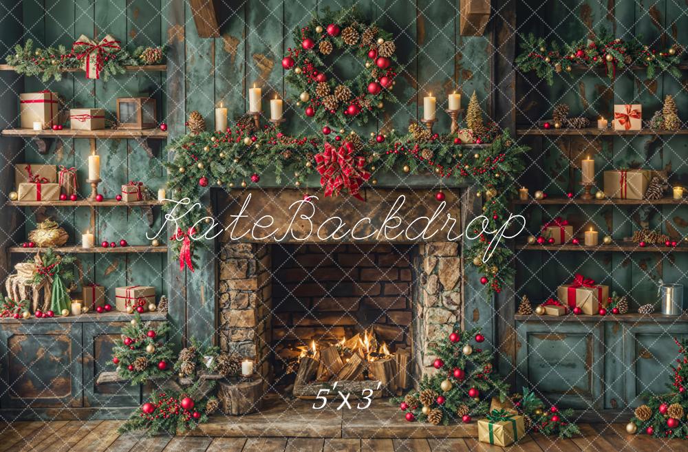 Kate Christmas Green Retro Cabinets Fireplace Backdrop Designed by Emetselch