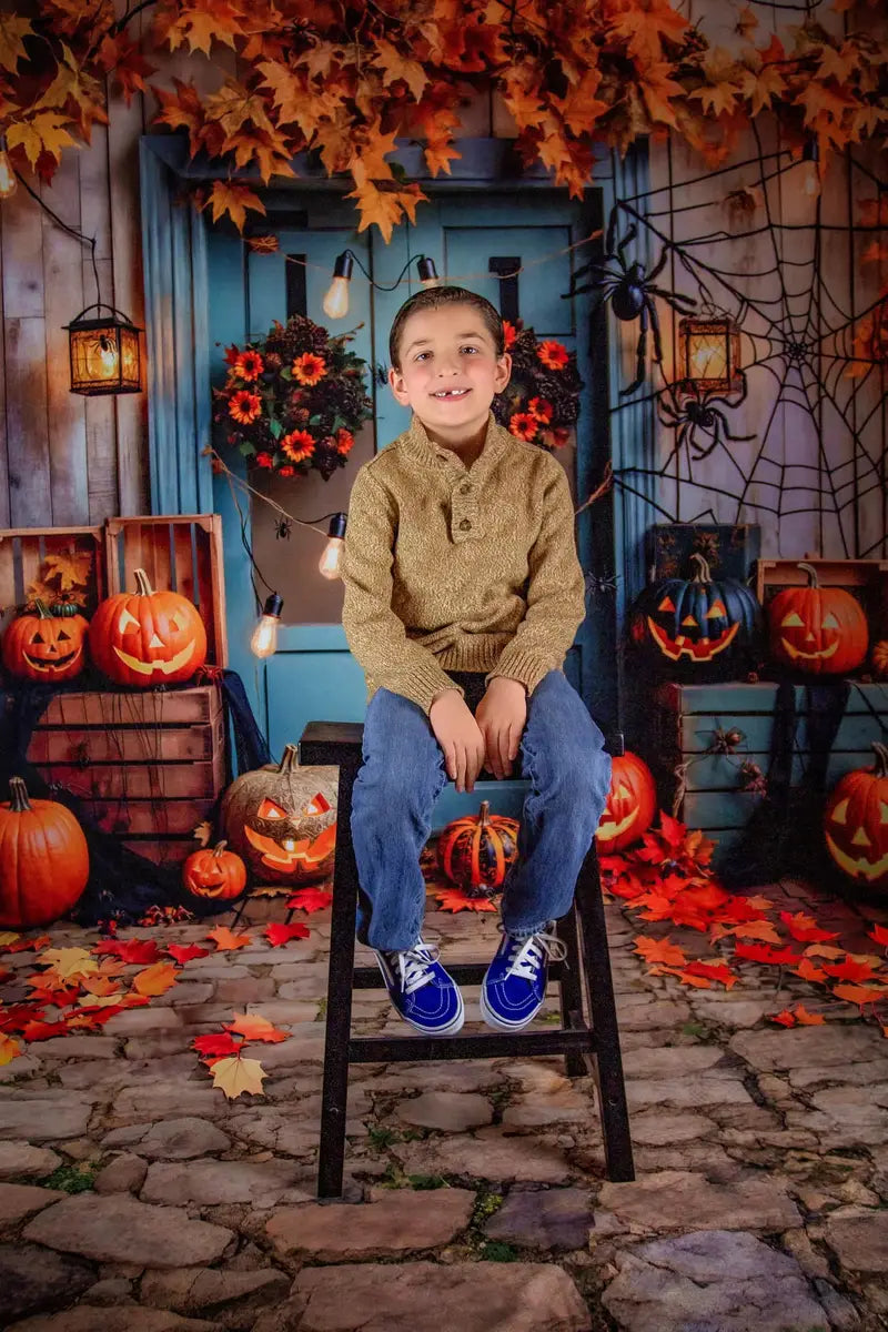 Halloween Pumpkin Maple Blue Wood Door Backdrop Designed by Emetselch