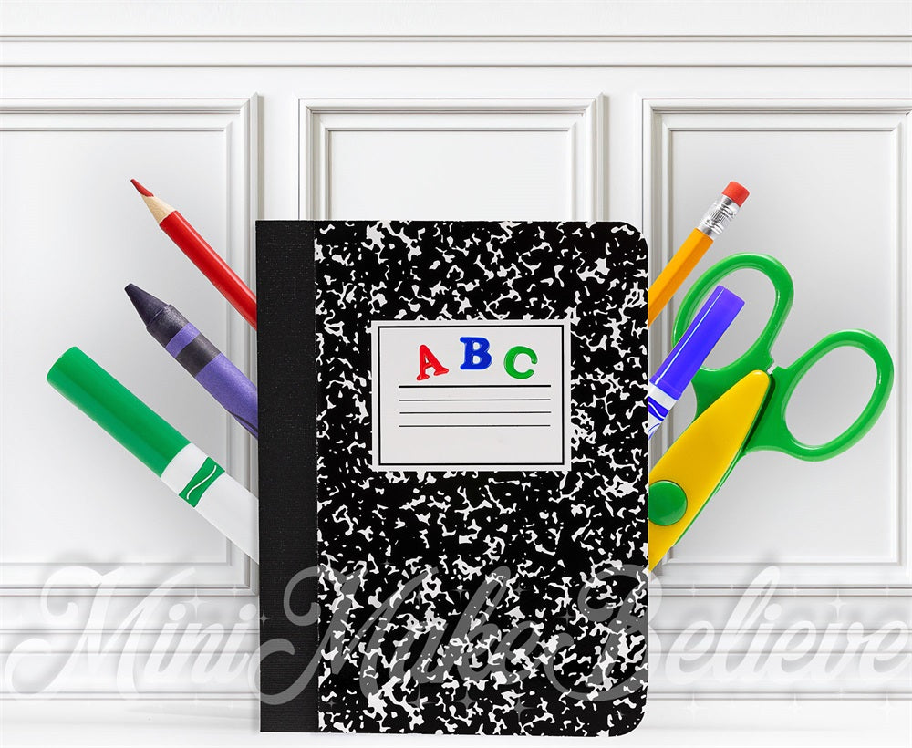 Kate Back to School Giant Notebook White Retro Wall Backdrop Designed by Mini MakeBelieve