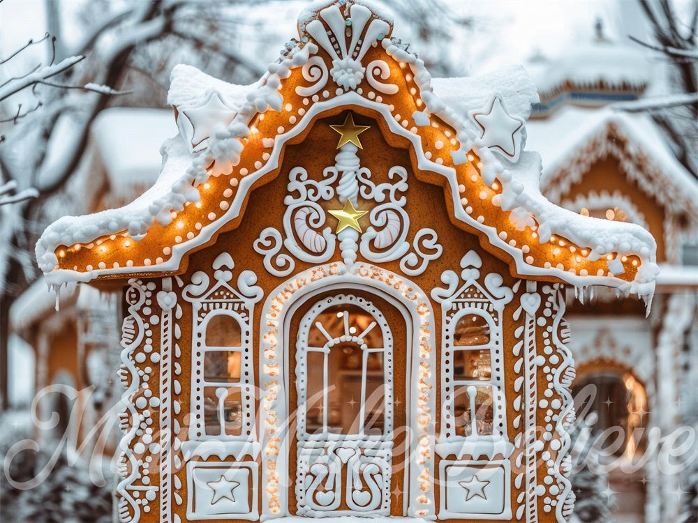 Kerst Buitenbos Vintage Peperkoekhuisje Achtergrond Ontworpen door Mini MakeBelieve