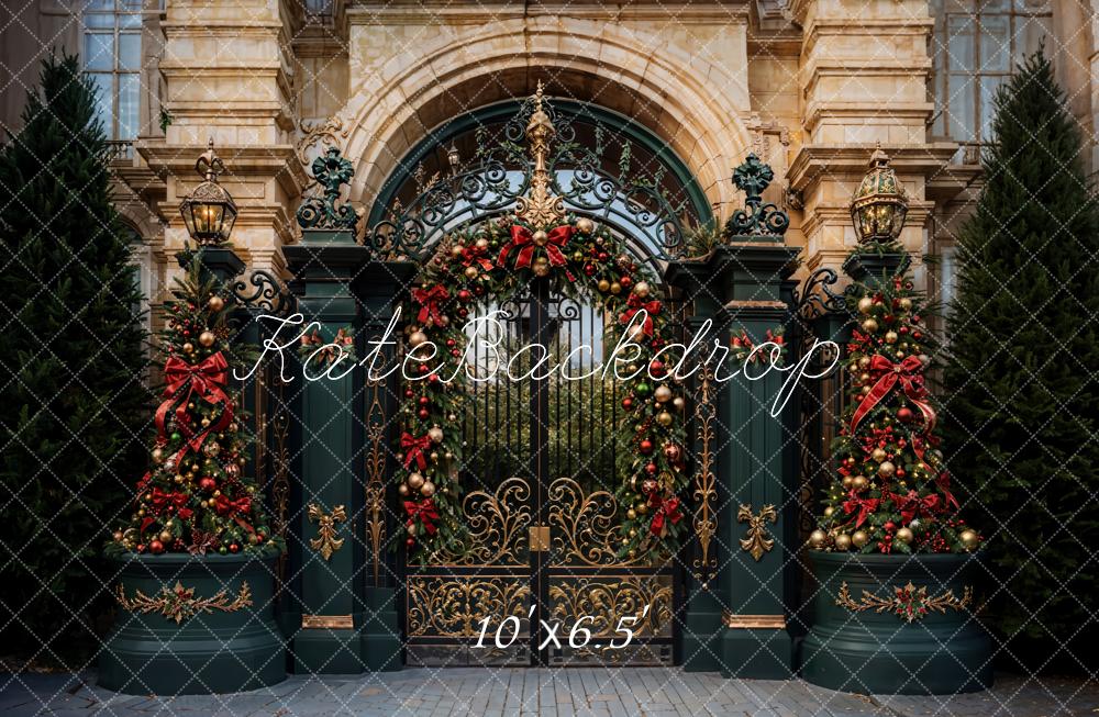 Kate Christmas Golden Vintage Floral Dark Green Gate Backdrop Designed by Emetselch