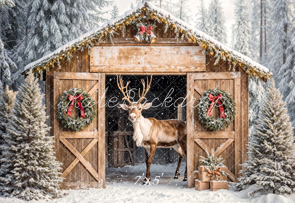 Kate Christmas Reindeer Wooden Barn Cabin Backdrop Designed by Emetselch