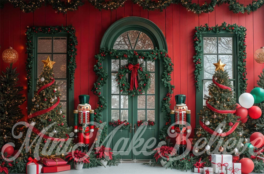 Kerst Nutcracker Groen Boogvenster Rode Muur Achtergrond Ontworpen door Mini MakeBelieve