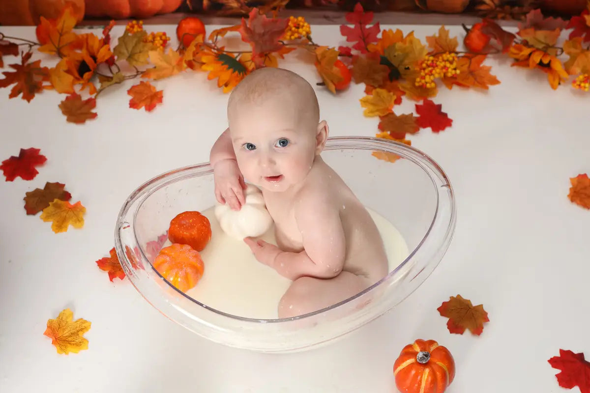 Kate Fall Pumpkin Backdrop White Barn Door Fallen Leaves Designed by Emetselch