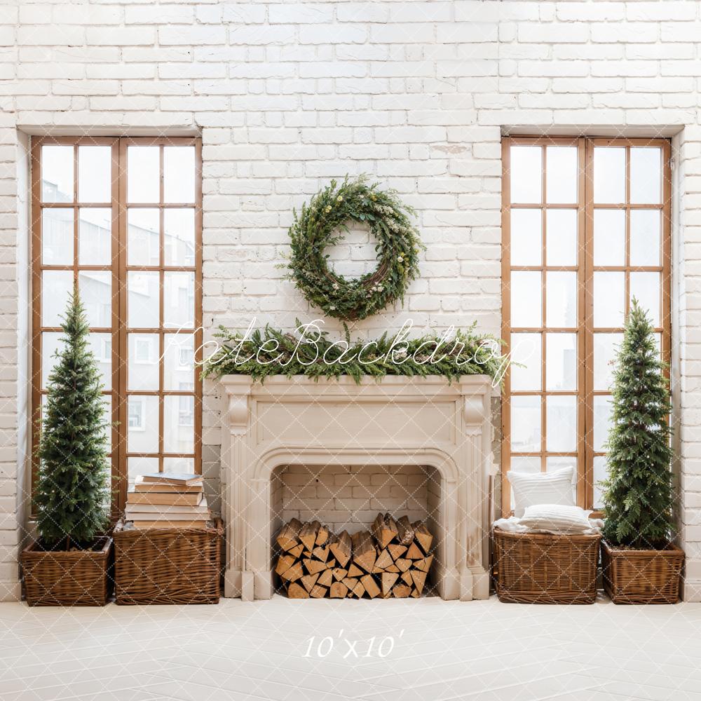 Kate Christmas Beige Retro Fireplace White Brick Wall Backdrop Designed by Emetselch