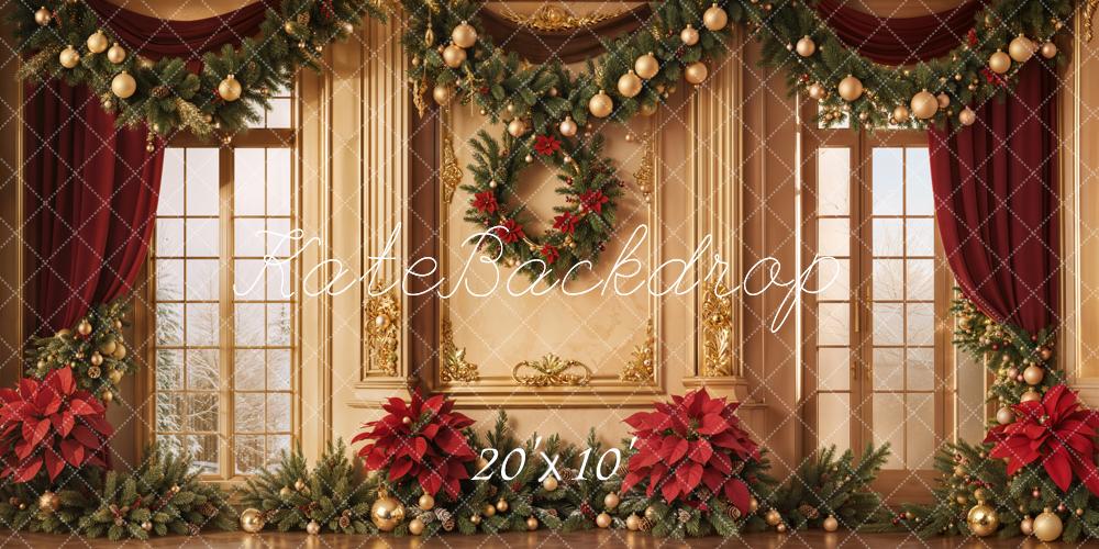 Kate Christmas Window Poinsettia Curtains Backdrop Designed by Emetselch