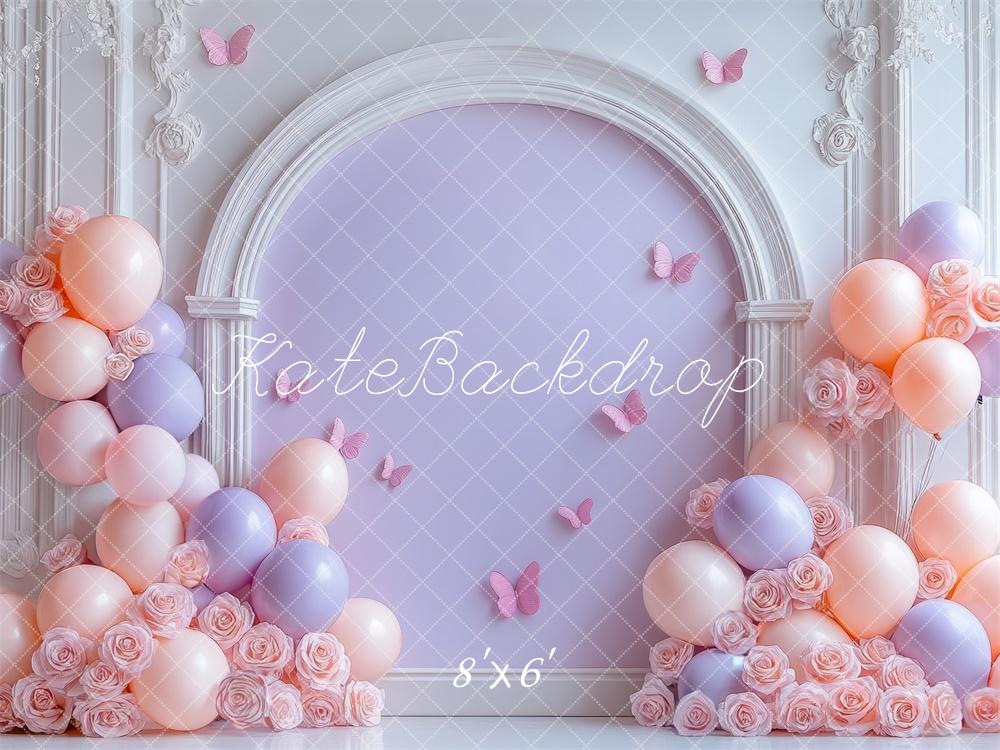 Kate Purple Pastel Balloons Floral Arch Backdrop Designed by Mini MakeBelieve