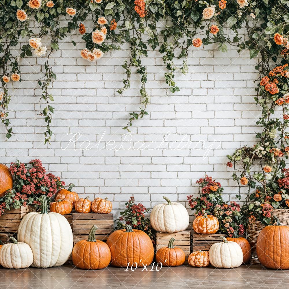 Kate Fall Pumpkins Floral Brick Wall Backdrop Designed by Emetselch